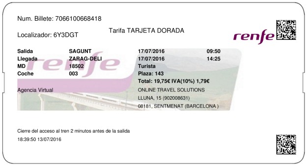 Billete Tren Sagunto  Zaragoza 17/07/2016