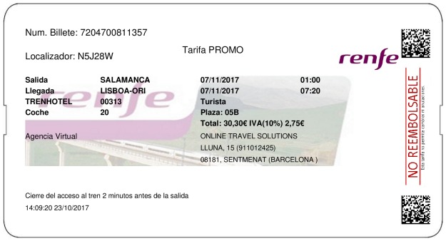 Billete Tren Salamanca  Lisbona 07/11/2017