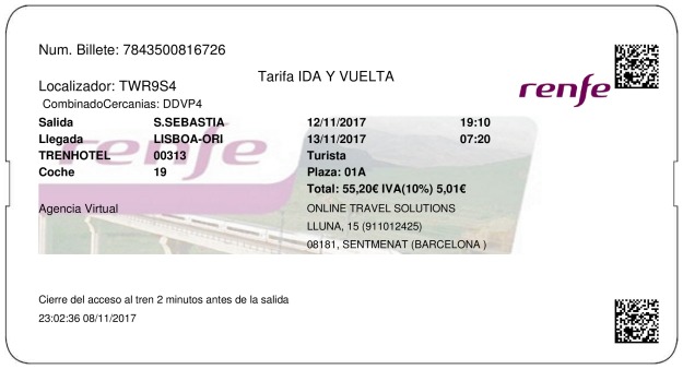 Billete Tren San Sebastián  Lisboa 12/11/2017