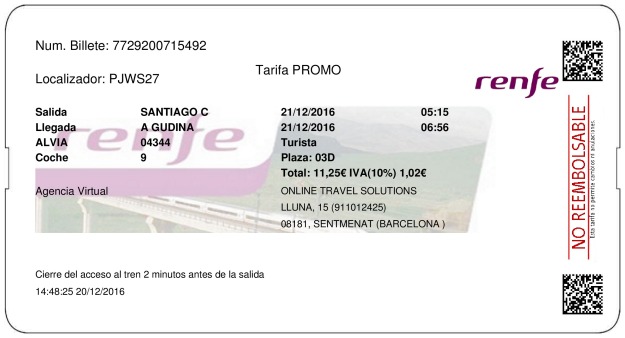 Billete Tren Santiago De Compostela  A Gudiña 21/12/2016