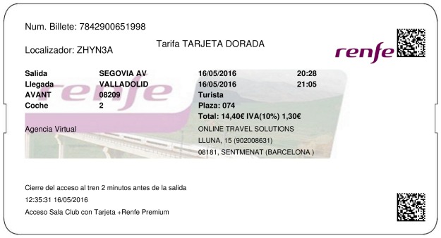 Billete Tren Segovia  Valladolid 16/05/2016