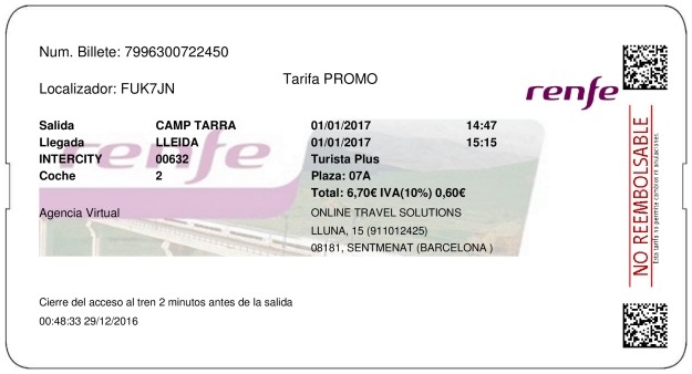 Billete Tren Tarragona  Lleida 01/01/2017