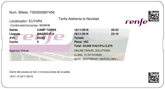 Billete Tren Tarragona  Madrid 19/11/2016