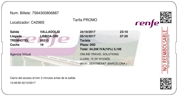 Billete Tren Valladolid  Lisboa 24/10/2017