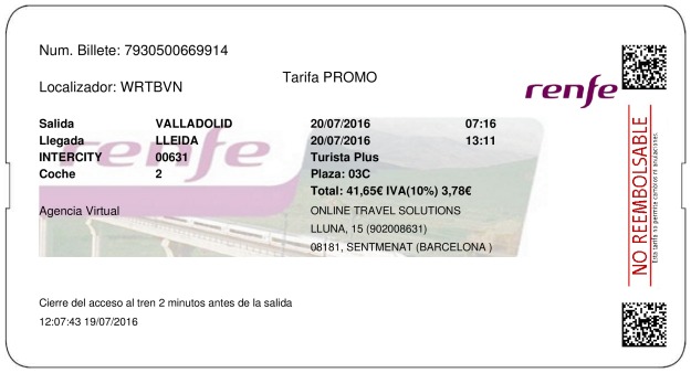 Billete Tren Valladolid  Lleida 20/07/2016