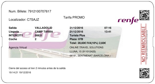 Billete Tren Valladolid  Tarragona 21/12/2016