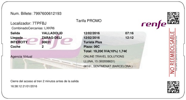 Billete Tren Valladolid  Zaragoza 12/02/2016