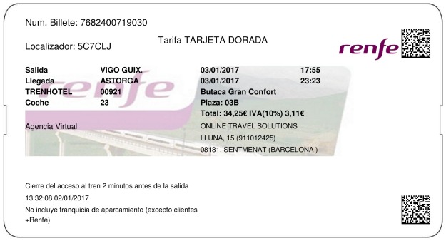 Billete Tren Vigo  Astorga 03/01/2017