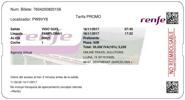 Billete Tren Vigo  Pamplona 16/11/2017