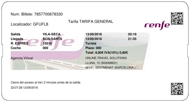 Billete Tren Vilaseca  Barcelona 13/09/2016