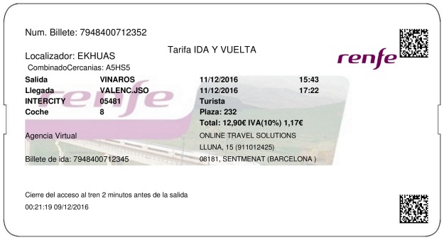 Billete Tren Vinaròs  Valencia 11/12/2016