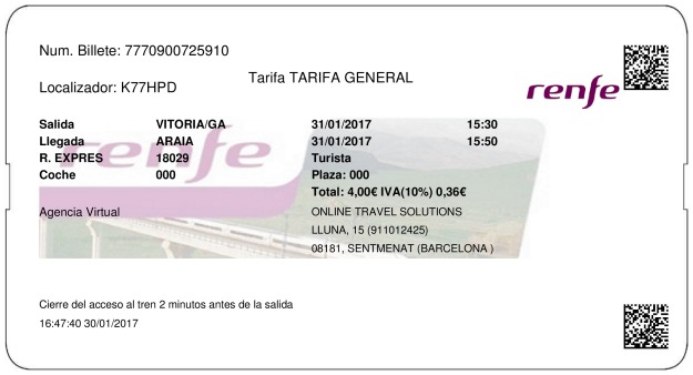 Billete Tren Vitoria Gasteiz  Araia 31/01/2017