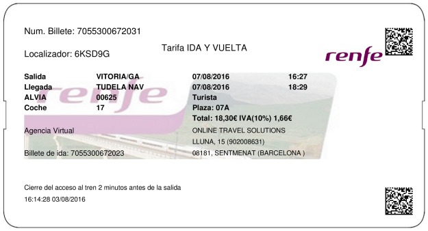 Billete Tren Vitoria Gasteiz  Tudela De Navarra 07/08/2016