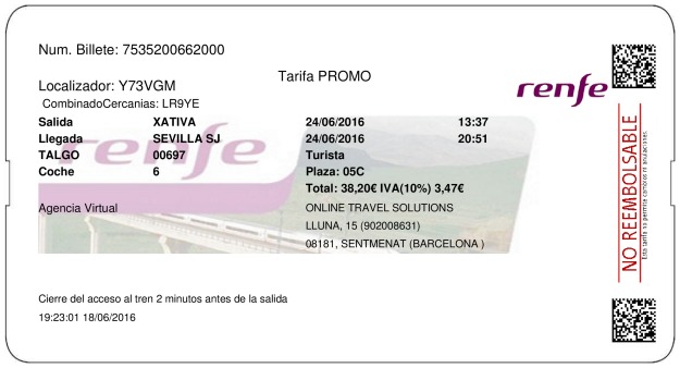 Billete Tren Xàtiva  Sevilla 24/06/2016