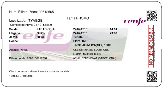 Billete Tren Zaragoza  Gijón 22/02/2016