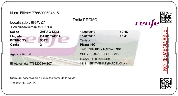 Billete Tren Zaragoza  Tarragona 15/02/2016