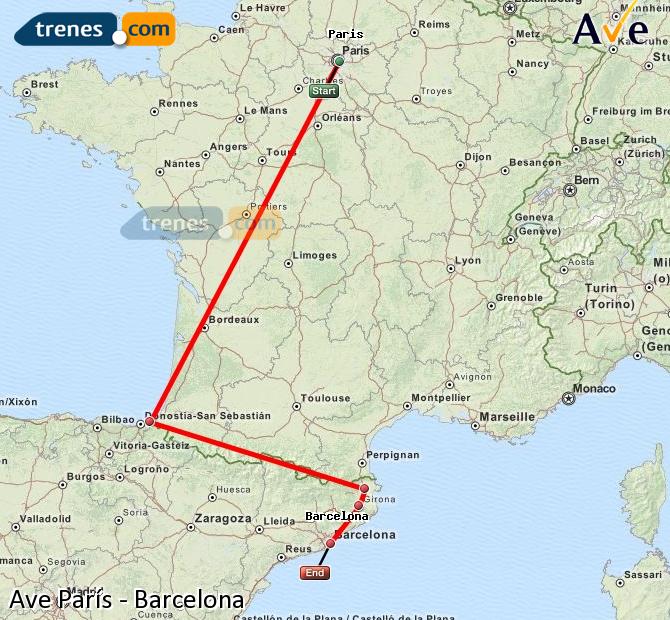 Enlarge map AVE Paris to Barcelona
