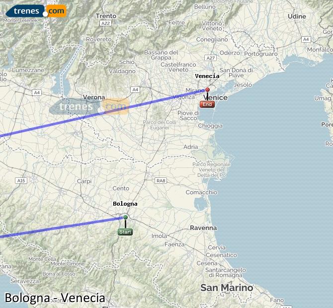 Ampliar mapa Trenes Bologna Venecia