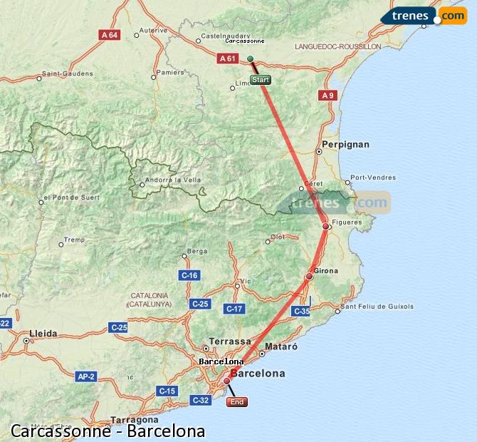 Enlarge map Trains Carcassonne to Barcelona