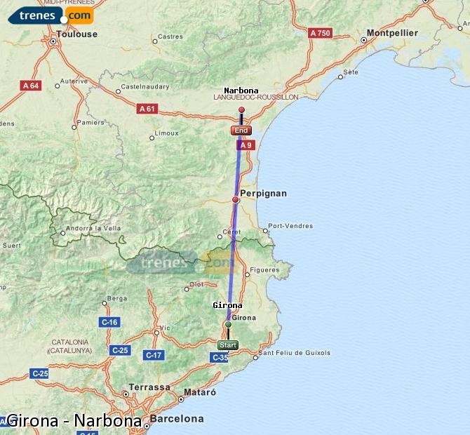 Train Girona (Gerona) to Narbonne (Narbona)