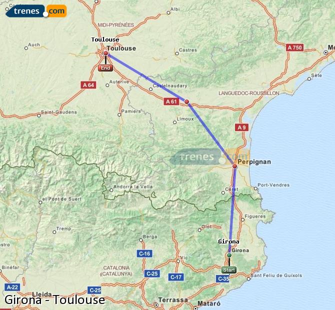 Train Girona (Gerona) to Toulouse Matabiau (Tolosa)