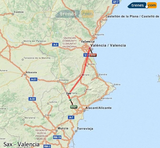 Trenes Sax Valencia baratos, billetes desde 15,00 €