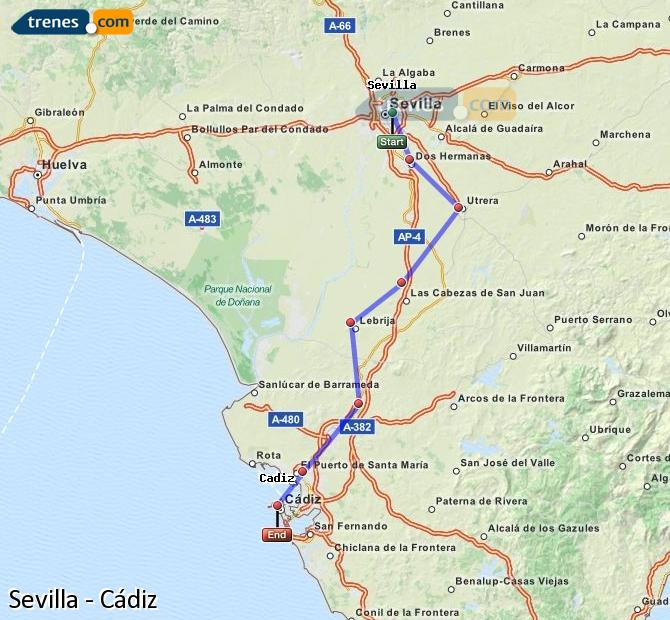 Ampliar mapa Trenes Sevilla Cádiz