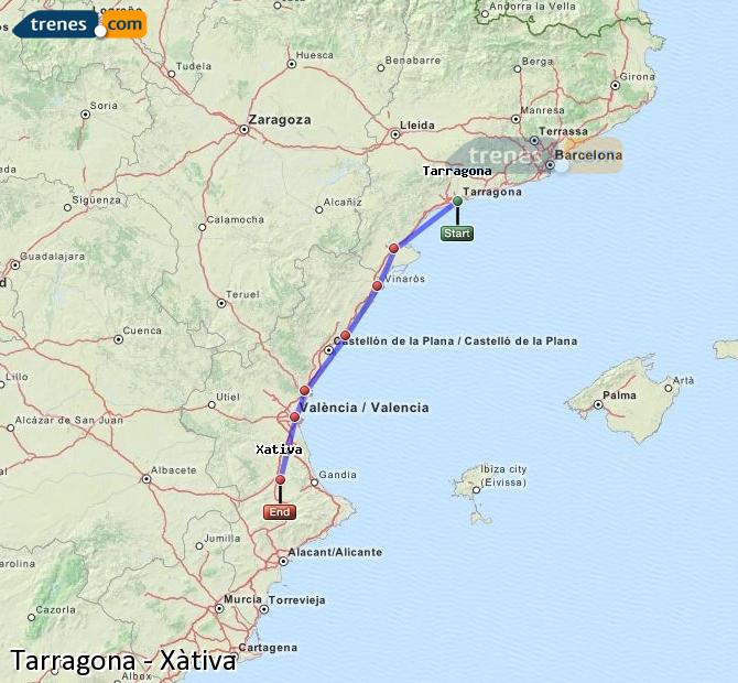 Trenes Tarragona Xàtiva baratos, billetes desde 29,20 €